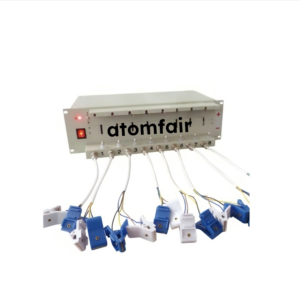 ATOMFAIR® eight-channel battery tester box with a red switch, connecting eight white cables to blue and white alligator clips.