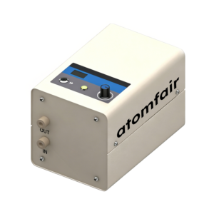 ATOMFAIR® high-pressure pump workstation with digital flow display, metal housing, and dual front fluidic ports.