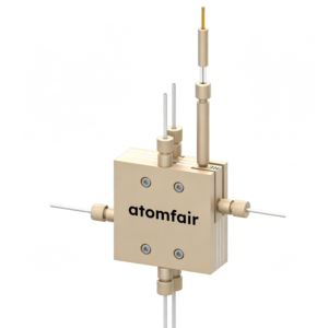 ATOMFAIR® three-chamber cell exploded 3D model with beige plates, white gaskets, and a vertical probe electrode.