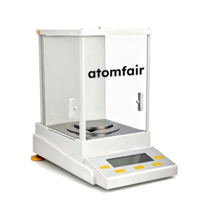 ATOMFAIR® AE224 white analytical balance with a prominent color touchscreen control panel, a tall glass draft shield, and an internal stainless steel pan on a white background.