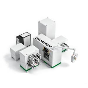 ATOMFAIR® composite laminating machine line featuring modular white cabinet units, metal spindle rollers, and a suspended swing arm control panel.