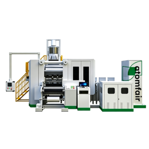 ATOMFAIR® multi-roll film forming equipment system with a white processing line, yellow safety stairs, and an operators computer stand.