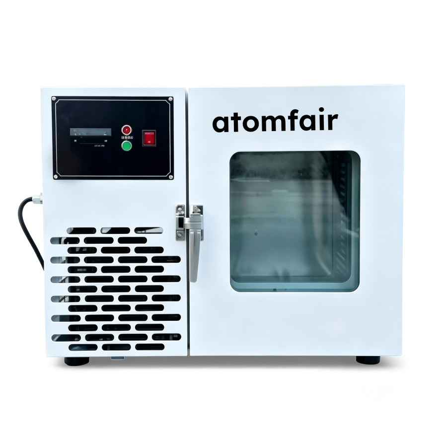 30L Low Temperature Freezing Test Chamber -50°C ATOMFAIR® 1 ATOMFAIR® white lab freezer with a digital control panel, metal door latch, and square glass window on a bright background.