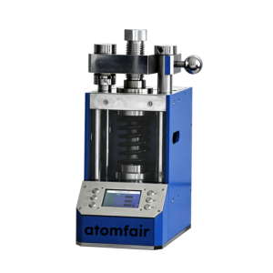 ATOMFAIR® blue industrial automatic fluorescence pellet press machine with a control display screen on a white background.
