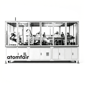 ATOMFAIR® all-solid-state battery roll-to-roll platform featuring upper clear glass enclosures and a multi-door white lower cabinet.