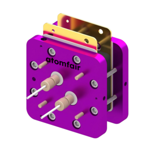 ATOMFAIR® redox flow cell with purple end plates, two protruding top gold plates, and front connector ports.