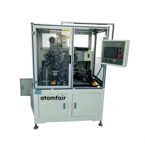 ATOMFAIR® automatic stacking machine featuring an upper clear glass safety enclosure and a side-mounted touch screen console box.
