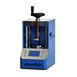 ATOMFAIR® blue industrial automatic pellet press machine with a top black handwheel and a control screen on a white background.