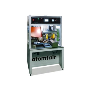 ATOMFAIR® automatic cylindrical battery sealing machine station built on a grey floor stand workspace with an integrated top dial gauge panel.