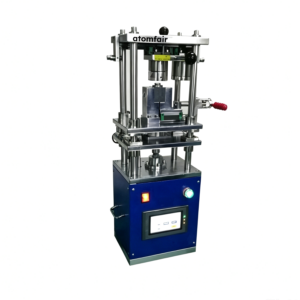ATOMFAIR® automatic cylindrical cell sealing machine featuring a blue base cabinet with a digital display and an upper four-column press mold.