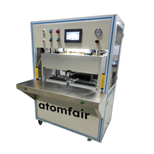 ATOMFAIR® automatic pouch cell filling equipment 3D model featuring a top signal tower light and a side pendant control screen.