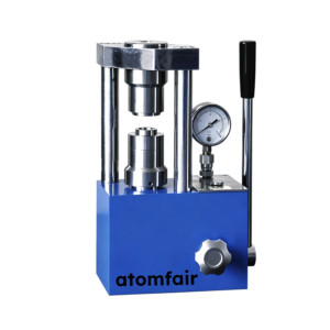 ATOMFAIR® blue automatic coin cell crimper with a hydraulic pressure gauge and lever handle on a white background.
