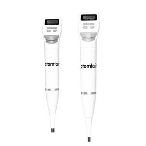 ATOMFAIR® white digital pipettes standing vertically with small electronic LCD screens showing numbers on a plain white background.