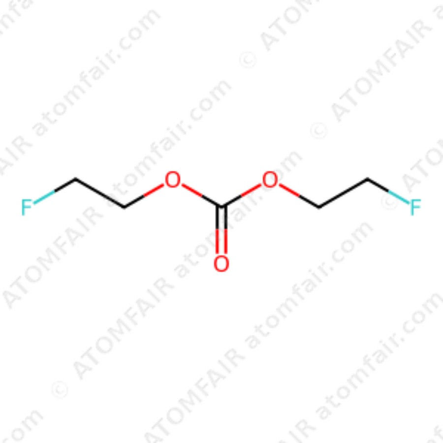 Bis(2-fluoroethyl) Carbonate 98% Battery Grade 50g ATOMFAIR® 1 diagram showing the 2D chemical structure of ATOMFAIR® Bis(2-fluoroethyl) Carbonate BFEC molecule.