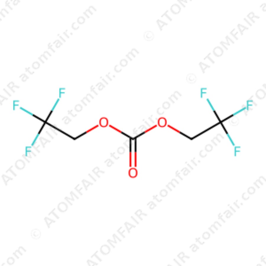 Bis(2,2,2-trifluoroethyl) Carbonate 50g 99% ATOMFAIR® 1 diagram showing the 2D chemical structure of ATOMFAIR® Bis(2,2,2-trifluoroethyl) Carbonate TFDEC molecule.