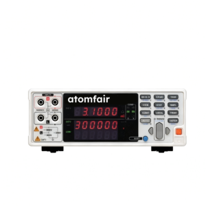 ATOMFAIR® battery internal resistance tester featuring a front panel with four input ports, dual red digital readouts, and grey control buttons.