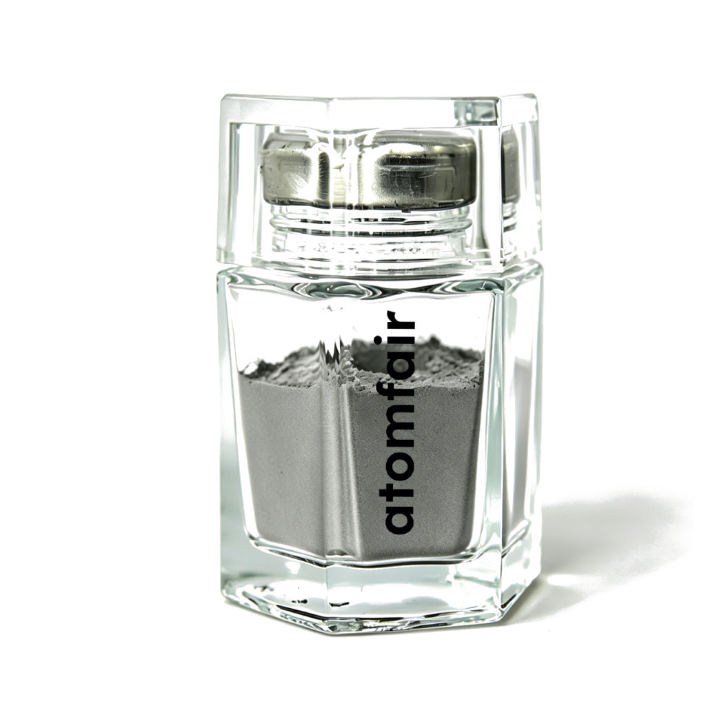 Atomfair® BT20 titanium alloy MIM feedstock showing a smooth gray metallic material mixture inside a transparent hexagonal glass bottle.