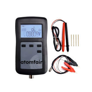 ATOMFAIR® battery voltage and internal resistance tester device, shown with red and black test probes and alligator clips on a white background.
