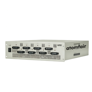 ATOMFAIR® rack-mounted battery tester showing a white chassis with a black power switch and eight multi-pin connector ports.
