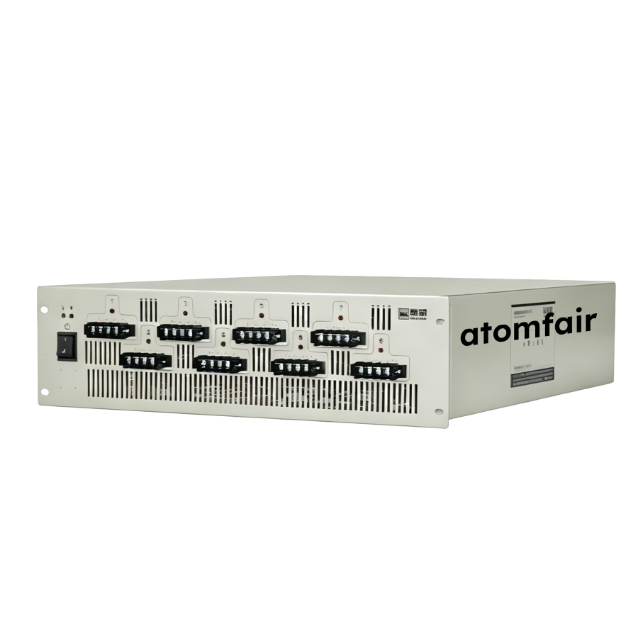 BTS-724 Battery Tester 50mA-20A 0-5V Precision ATOMFAIR® 1 ATOMFAIR® rack-mounted battery tester showing a white chassis with a black power switch and eight multi-pin connector ports.