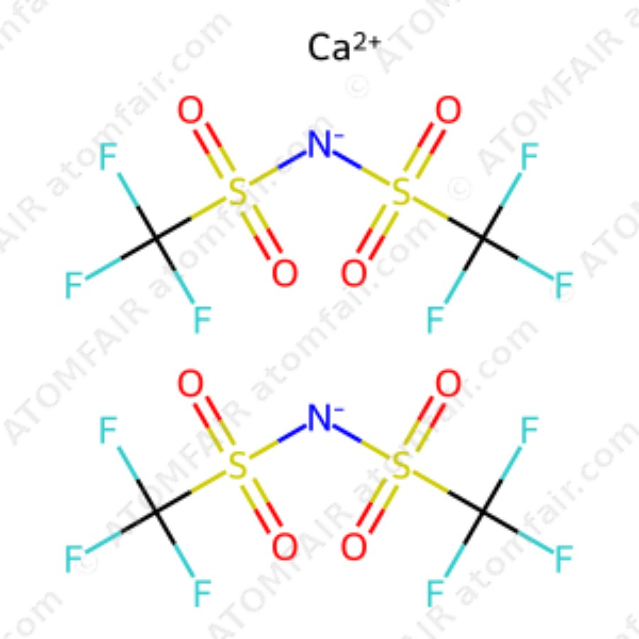 CaTFSI Calcium Salt 98% Battery Grade Research ATOMFAIR® 1 diagram showing the 2D ionic chemical structure of ATOMFAIR® Calcium Bis(trifluoromethanesulfonyl)imide CaTFSI molecule.