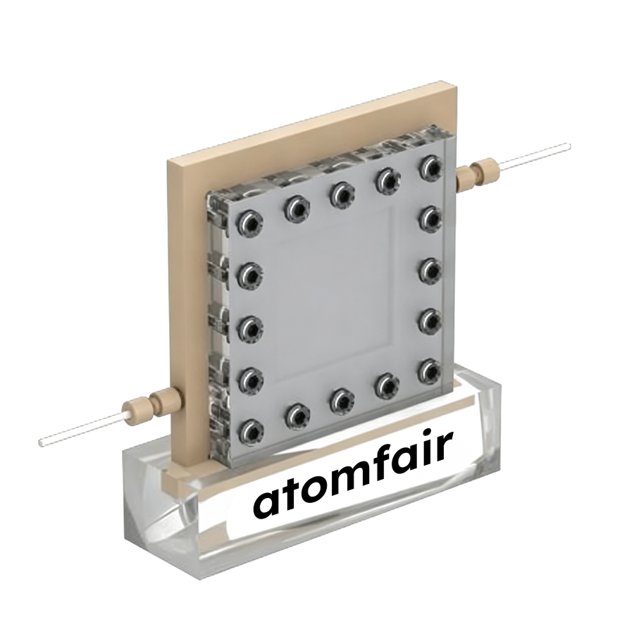 ATOMFAIR® Capacitive Deionization Water Desalination Cell 1 ATOMFAIR® deionization cell with vertical beige block, square clear front plate, bolts, and lower horizontal clear stand.