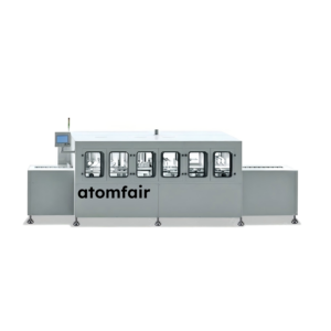 ATOMFAIR® automatic battery cleaning line with six window doors and an inset image showing silver cylinders on a conveyor belt.