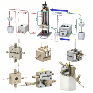 ATOMFAIR® CO2 reduction system gas diffusion lab cell suite showing a multi-layered acrylic blocks assembly with steel tie rods and integrated metal gas inlet ports.