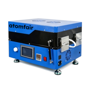 ATOMFAIR® automatic film coating machine showing a blue and black desktop chassis with a front touchscreen, a red power switch, and side metal latches.
