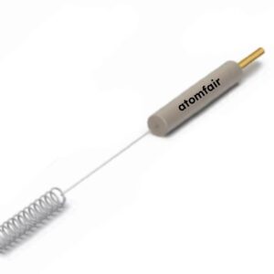 ATOMFAIR coiled platinum wire counter electrode featuring 99.99% high purity platinum wire coil and PEEK insulative body for electrochemical cells.
