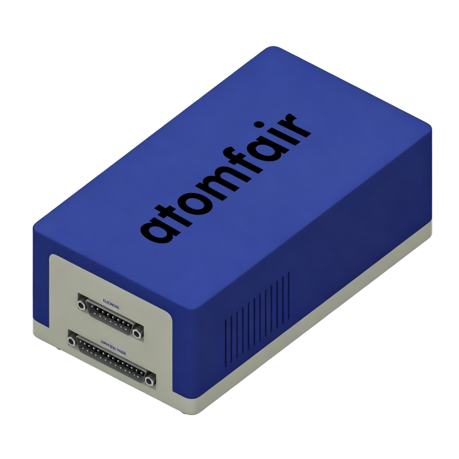 ATOMFAIR® Compact High Current Electrochemical Booster Channel 1 ATOMFAIR® booster channel with blue housing, vented sides, and two vertically stacked multi-pin D-sub ports.