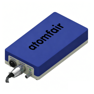 ATOMFAIR® workstation with blue casing, large logo, front ports, and aviation cable connector.