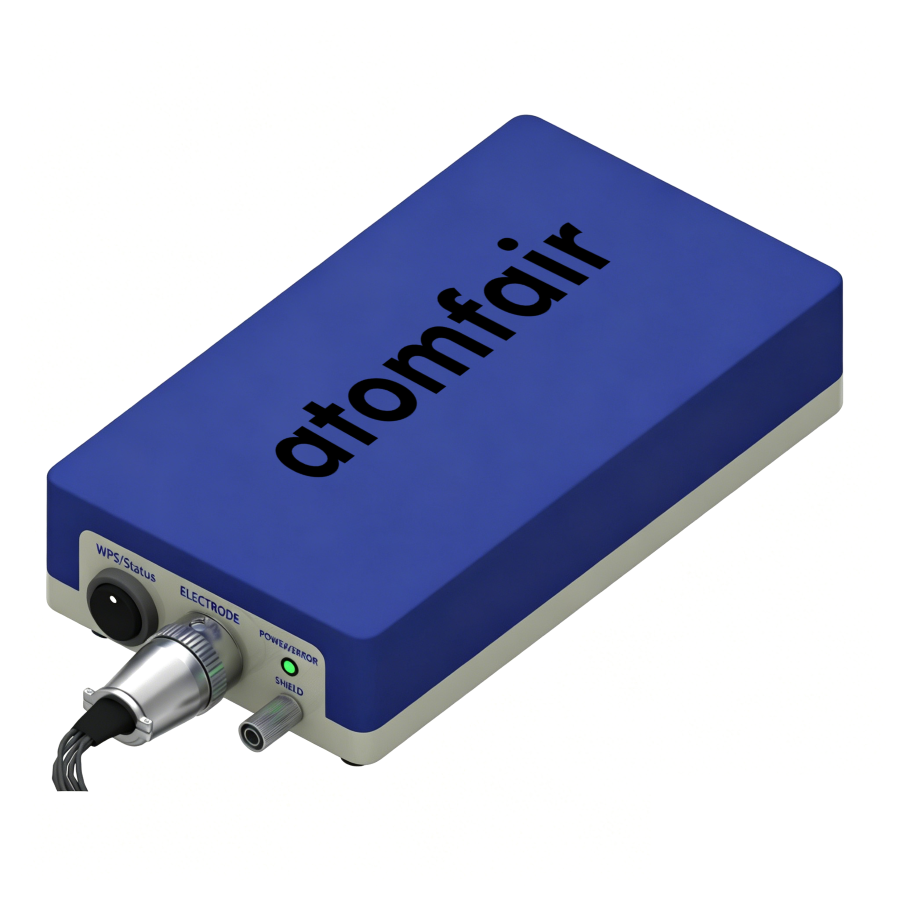 ATOMFAIR® Compact Multipurpose Electrochemical Workstation 1 ATOMFAIR® workstation with blue casing, large logo, front ports, and aviation cable connector.