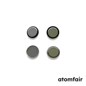 ATOMFAIR® CR1016 coin cell case parts made of 304 stainless steel arranged in a square layout on a white background.