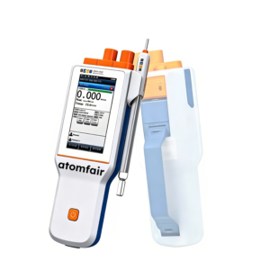 ATOMFAIR® handheld conductivity meter showing a bright digital display screen next to its translucent silicone protective case on a white background.