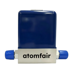 ATOMFAIR® mass flow meter with a blue upper block casing, steel base, and symmetric side blue cap connector tubes.