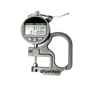 ATOMFAIR® gray digital thickness gauge with an LCD display screen on a white background.