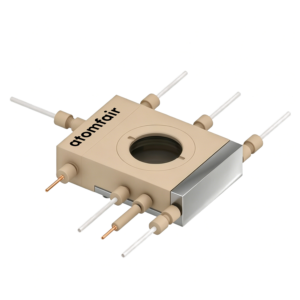 ATOMFAIR® dual chamber gas diffusion cell with interconnected electrode pins and tubes on white background.