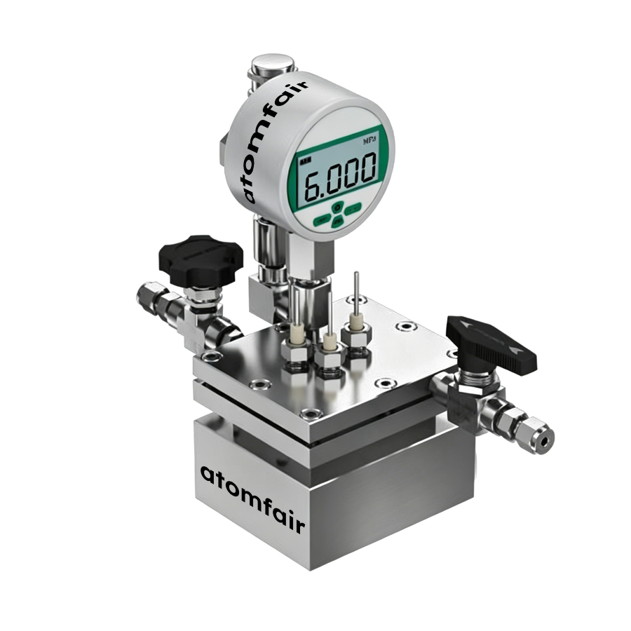 ATOMFAIR® Dual-Chamber High-Pressure Electrolysis Cell 1 ATOMFAIR® dual-chamber high-pressure cell with square steel block base, top digital gauge, and a black star knob valve.