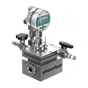 ATOMFAIR® dual-chamber high-pressure cell with square steel base, top digital gauge, and a lower side optical window.
