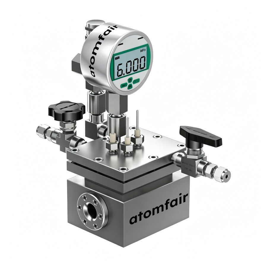 ATOMFAIR® Dual-Chamber High-Pressure Windowed Cell 1 ATOMFAIR® dual-chamber high-pressure cell with square steel base, top digital gauge, and a lower side optical window.