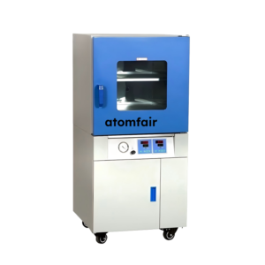 ATOMFAIR® vacuum drying oven featuring a blue upper chamber door with a glass window above a control panel and wheels.