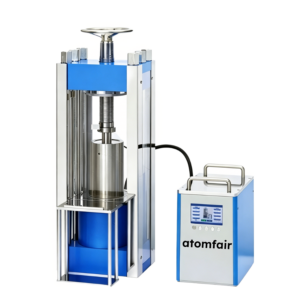 ATOMFAIR® electric isostatic press machine with a vertical four-column hydraulic unit, a top handwheel, next to a touchscreen control cabinet.