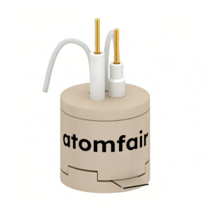 ATOMFAIR® ECL cell with cylindrical beige PEEK body, top white electrode rods, and a curved tube.