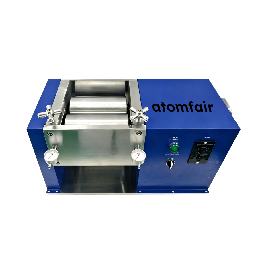 Lab Electric Rolling Mill 96mm HRC62 0-2mm ATOMFAIR® 1 ATOMFAIR® electric rolling mill showing a blue horizontal chassis with an open metal roller section, top star handwheels, and dual dial gauges.
