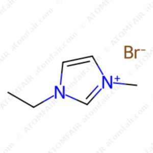 2D chemical structure diagram of ATOMFAIR® EMIM Br ionic liquid showcasing the imidazole cation and bromide anion.