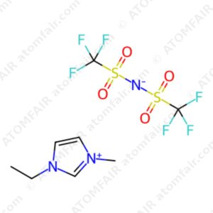 2D chemical structure diagram of ATOMFAIR® EMIM TFSI ionic liquid showing the cation and anion components.