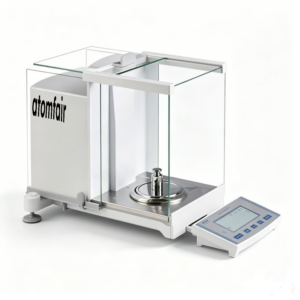 ATOMFAIR® ES2085A dual range semi-micro analytical balance with glass draft shield and calibration weight.