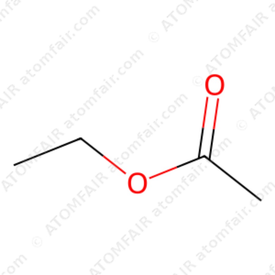 Ethyl Acetate 99.95% Battery Grade Moisture ATOMFAIR® 1 diagram showing the 2D chemical structure of ATOMFAIR® Ethyl Acetate EA molecule.