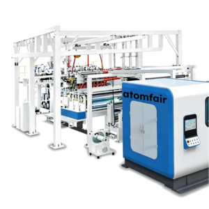 ATOMFAIR® experimental film-forming integrated machine line with a large white metal structure and a blue operator station on a white background.